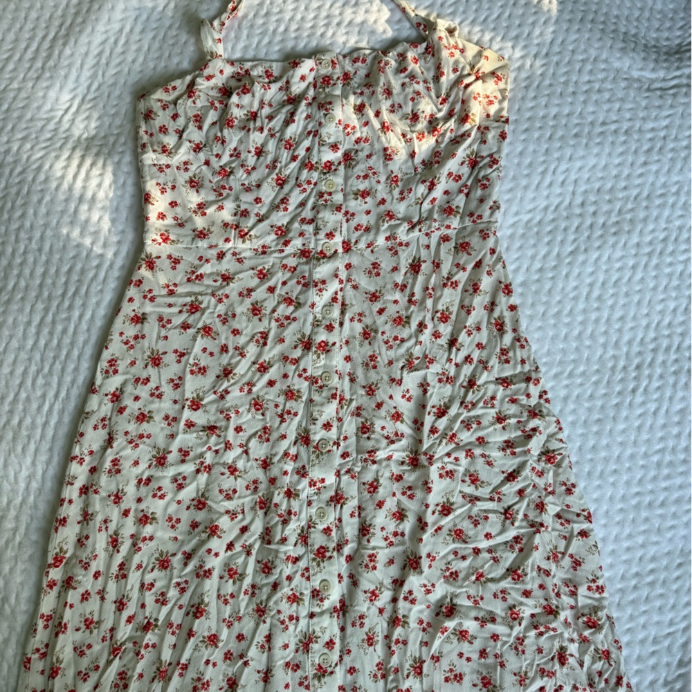 Reformation Strapless Dress in Red Floral on Cream